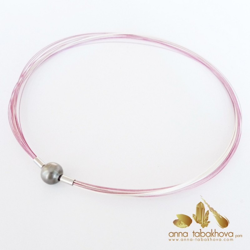 PINK coated nylon and silver plated steel necklace