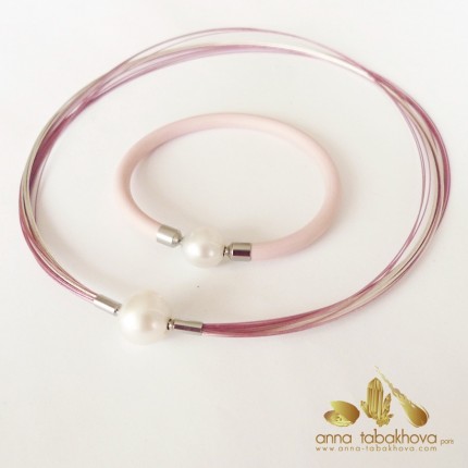 PINK coated nylon and silver plated steel necklace