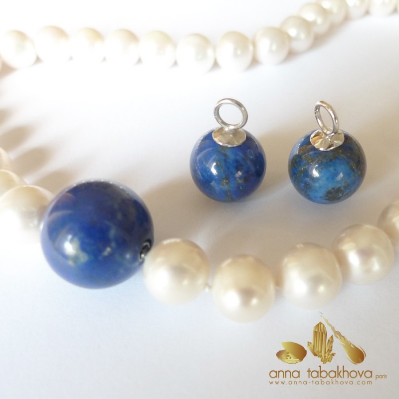 15,5 mm Lapis earrings matched to Lapis clasps with a white pearl necklace (sold separatly)