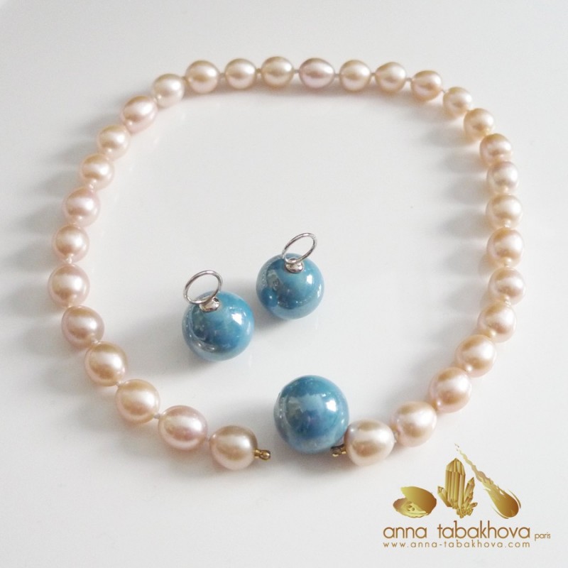 18 mm Blue Ceramic InterChangeable Clasp with pink pearls and matched earrings (sold separatly)