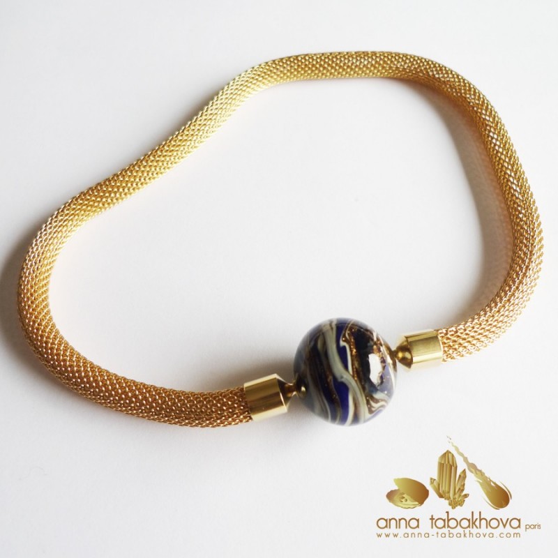 Gold and nightblue Murano Venitian glass matched with a gold plated steel mesh interchangeable necklace (sold separatly)