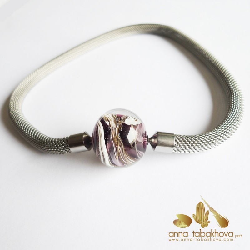 White purple black Murano interChangeable Clasp matched with a mesh chain (sold separatly)