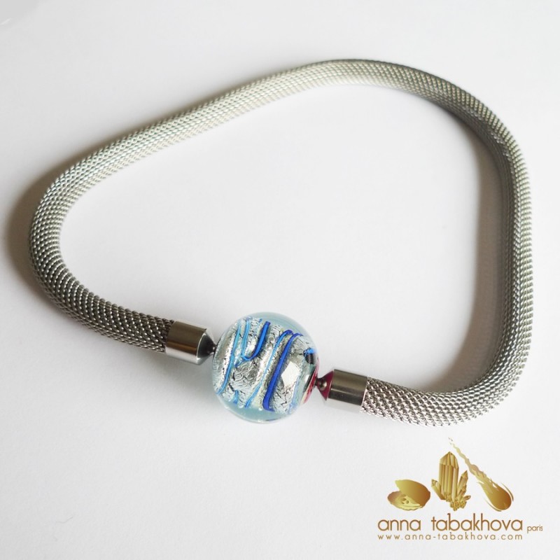 Ice blue Murano Clasp matched with an interchangeable steel mesh chain (sold separatly)