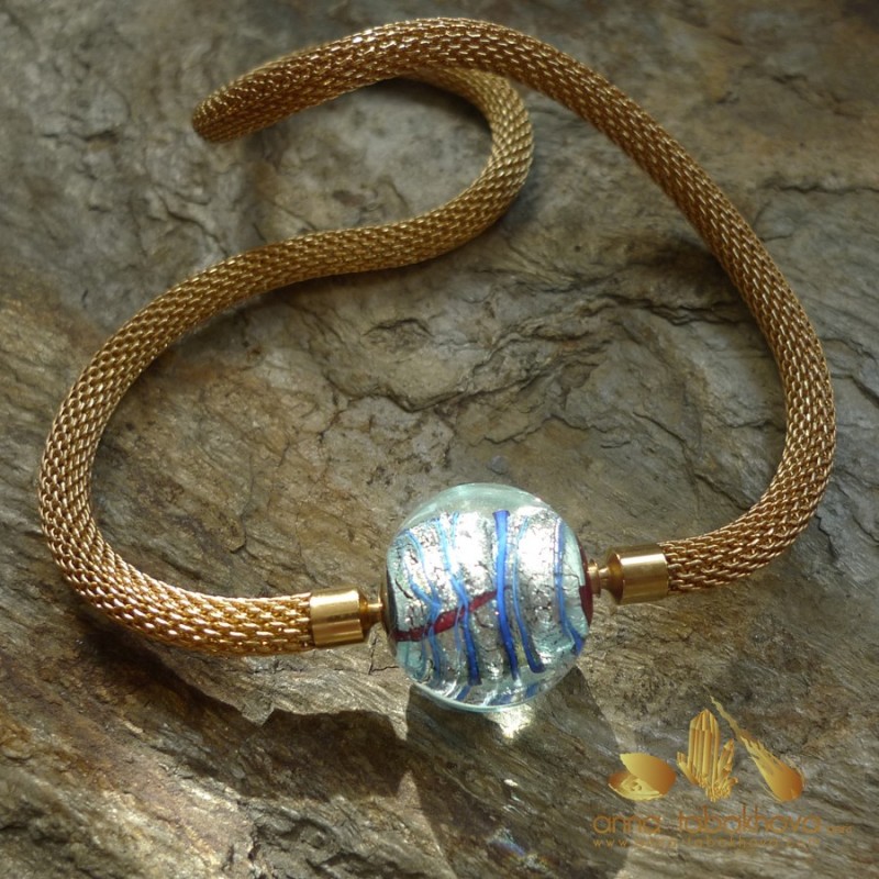 Ice blue Murano Clasp matched with an interchangeable gold plated steel mesh chain (sold separatly)