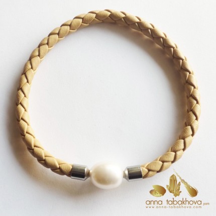 5 mm Braided Leather InterChangeable BRACELET, sand color, with a cultured pearl clasp (sold speratly)