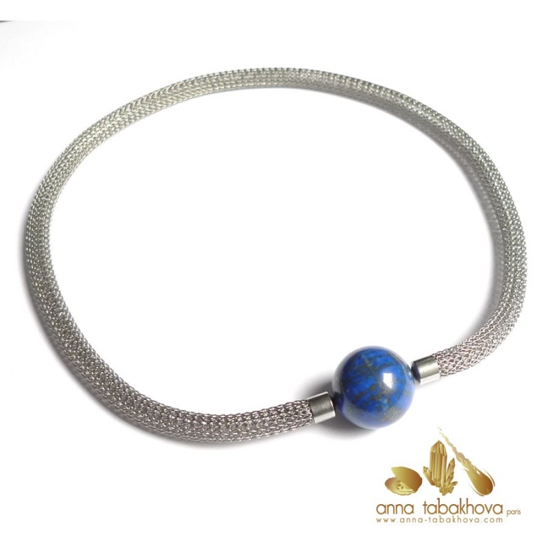 6 mm Steel Mesh Necklace matched with a lapis ball clasp (sold separatly) .