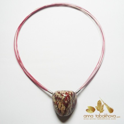 RED coated nylon and silver plated steel necklace with a red bracciated jasper clasp pendant