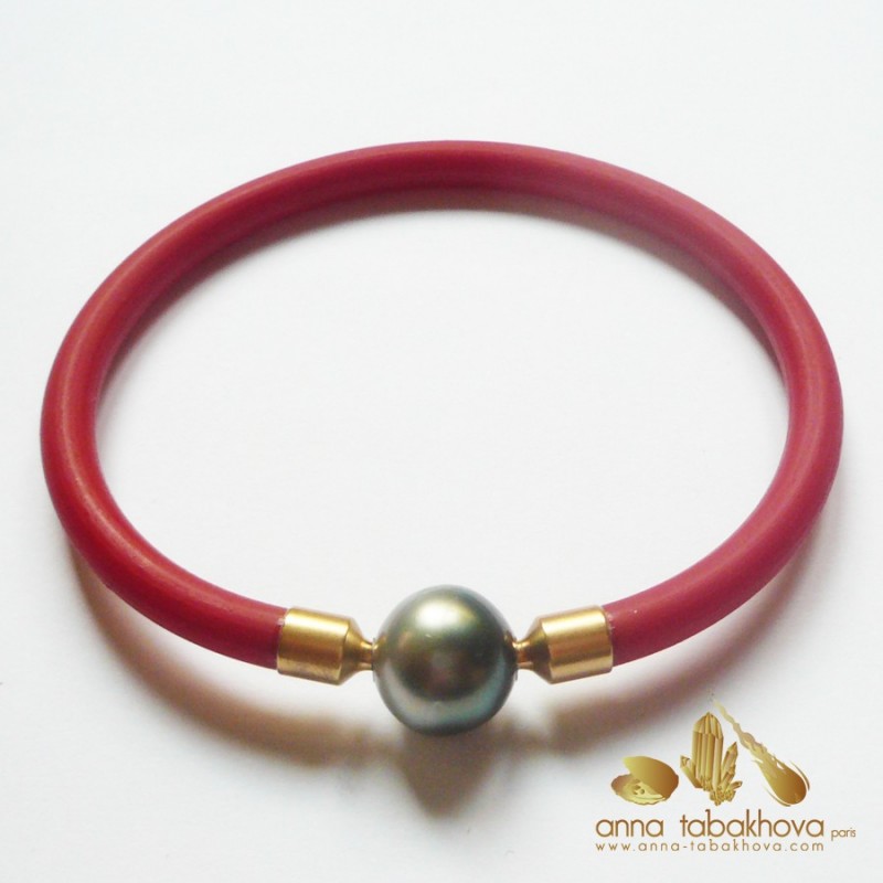 5 mm Red Rubber Bracelet with a tahiti pearl interchangeable  clasp